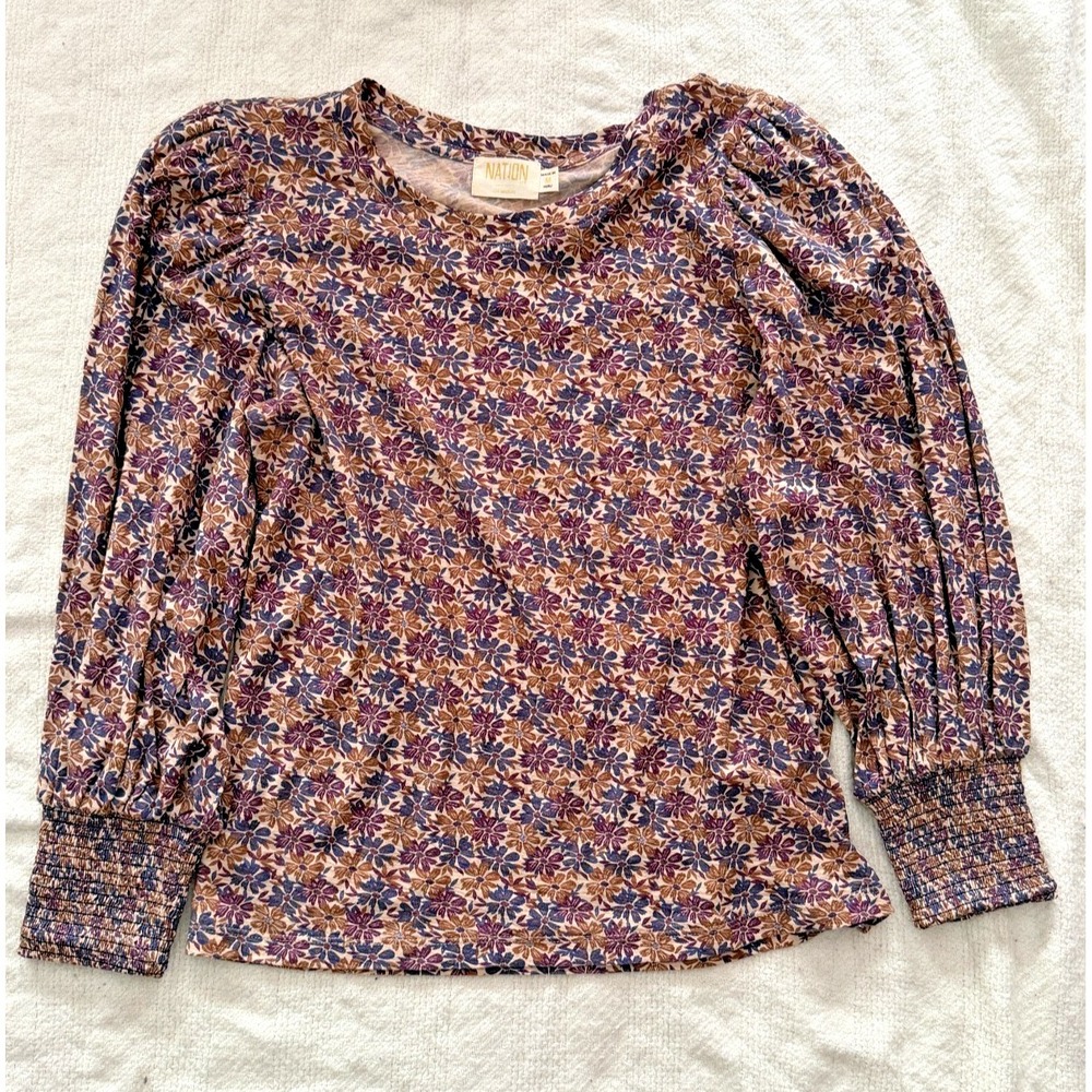 Nation LTD Loren Retro Floral Top Women's Size M Smocked Puff Sleeve Boho Cotton